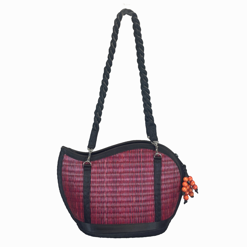 Saraye Kiri Wave Tatami Style Crimson Red Black Shoulder Bag Handmade Cambodia